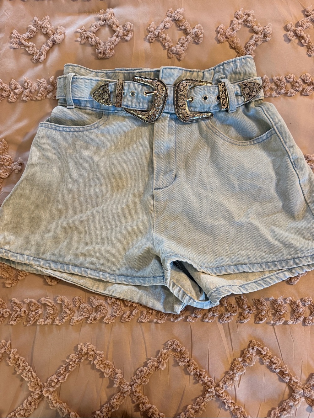 Le Lis Light Wash Denim High-Waist Shorts with Western Dual Buckle